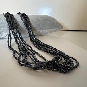 Vintage Iridescent Black Grey Glass Seed Bead Multi-Strand Necklace 24 Inch